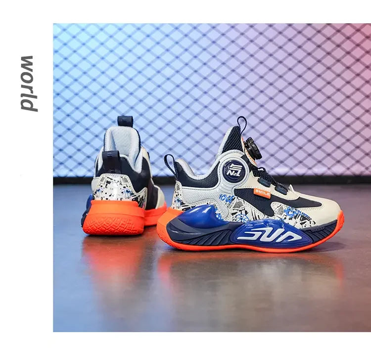Leather Upper Children Basketball Shoes Rotatory Button Shock Absorbing Boys Shoes