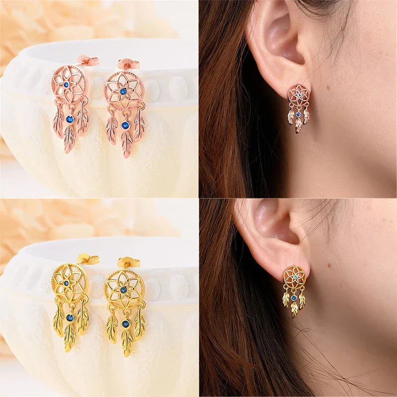 New in 925 Silver Romantic Feather Moon Stars Dream Catcher Earrings For Women Trending Fashion Jewelry Creative Birthday Gifts