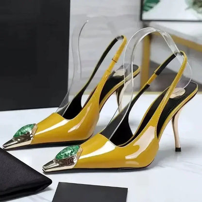 Luxury Metal Jewel Decoration Heels Women 2025 Sexy Pointed Toe Patent Leather Women Pumps Elegant Banquet High Heeled Sandals