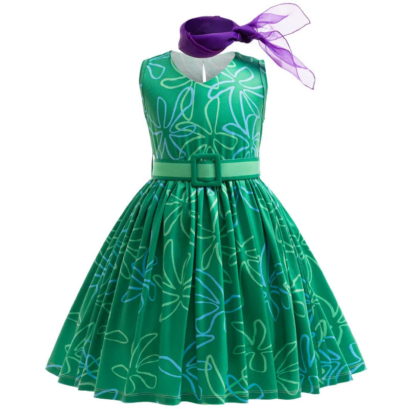 3PCS Full Printing Green Dress for Kids Girl Cosplay Dress+Scarf +Belt Disgust Costume Halloween Disguise Party Joy Clothing