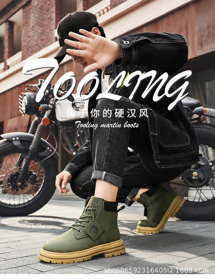 Men's Boots Lace Up 2024 Winter New High Top Leisure All-match Men's Casual Boots Non-slip Trend Rubber Men Flat Boots