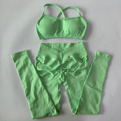 2 Pieces Gym Set For Women Clothes Seamless Scrunch Yoga Leggings Set Backless Sports Bra Fitness Workout Top Yoga Set Outfits