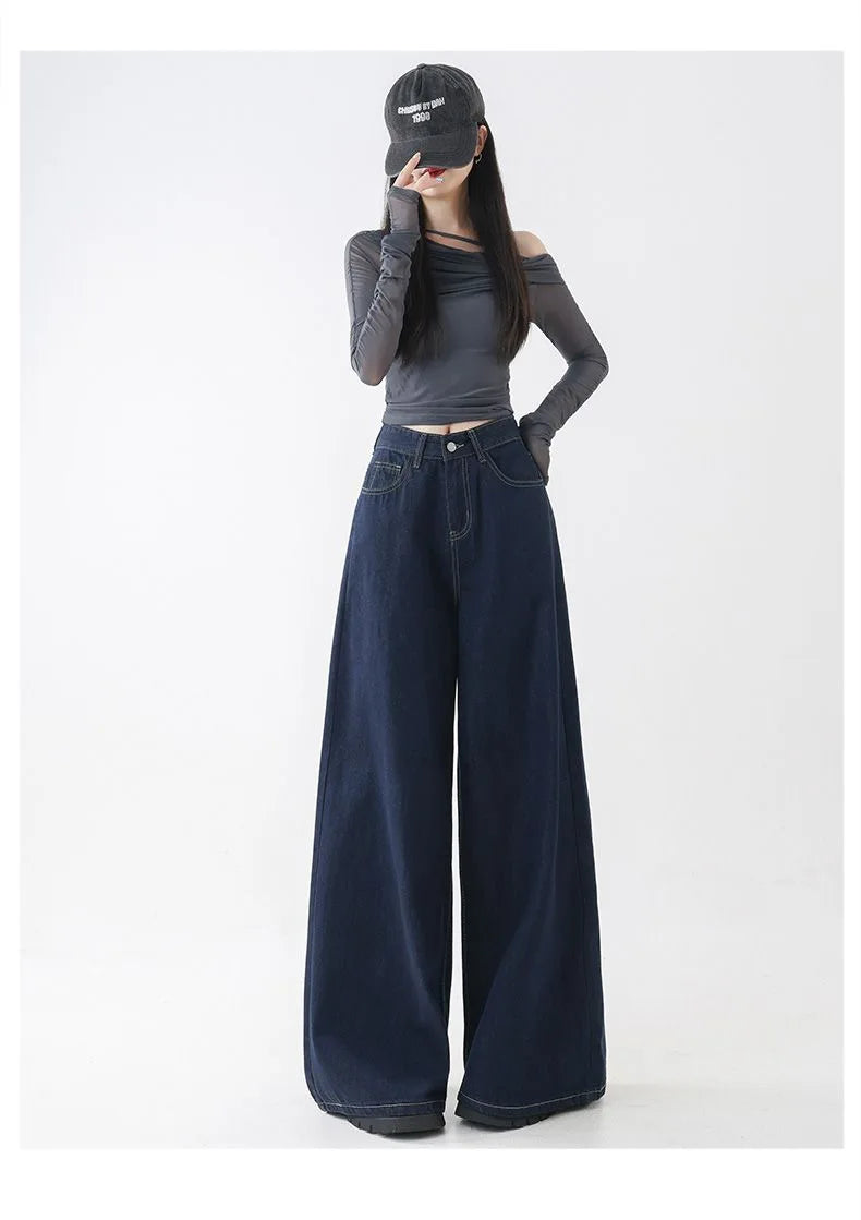 High Waist Straight Leg Loose Fit Denim Jeans Women's Floor Length Lazy Wide Leg Meat Concealing Deep Blue American Style Long P