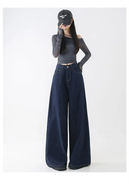 High Waist Straight Leg Loose Fit Denim Jeans Women's Floor Length Lazy Wide Leg Meat Concealing Deep Blue American Style Long P