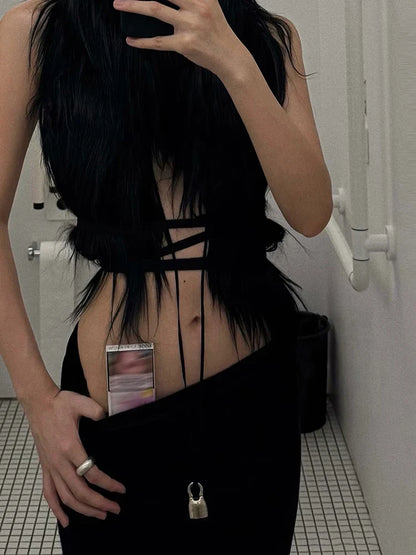 Hottie Sexy Furry Halter Top Women Fur Collar Backless Lace-Up Coquette Dark Punk Style Music Festival Clubwear Vests