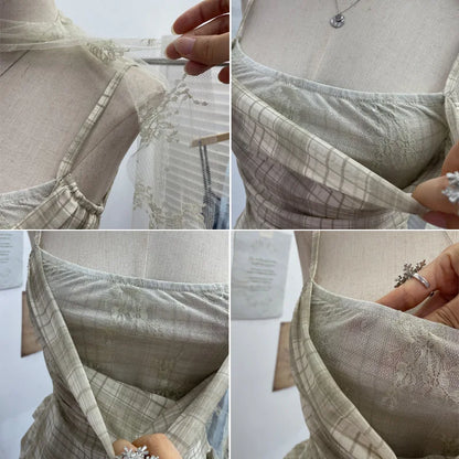 Y2K Plaid Camisole for Women Summer Casual Lace Scarf Breathable Stretch Mesh Patchwork Asymmetrical Ruffle Slim Tops