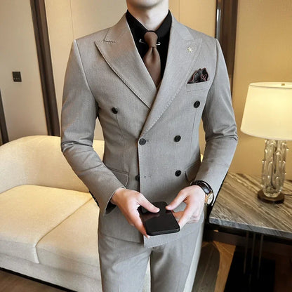 (Jackets+Pants) Luxury Double Breasted Design Slim Fit Suit High Quality Fashion Men's Wedding Social Suit Tuxedo 2 Piece Set