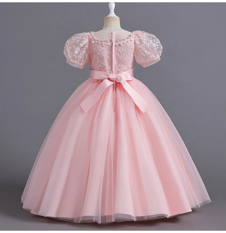 8901 Vestido Infantil para Meninas de 4 a 12 anos Princesa Lantejoulas Manga Bufante Longo Tule Florista Casamento Verão Pequeno