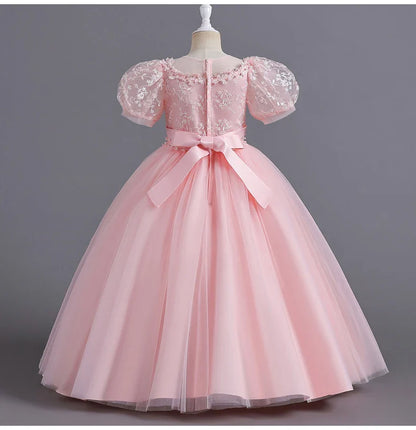 8901 Vestido Infantil para Meninas de 4 a 12 anos Princesa Lantejoulas Manga Bufante Longo Tule Florista Casamento Verão Pequeno