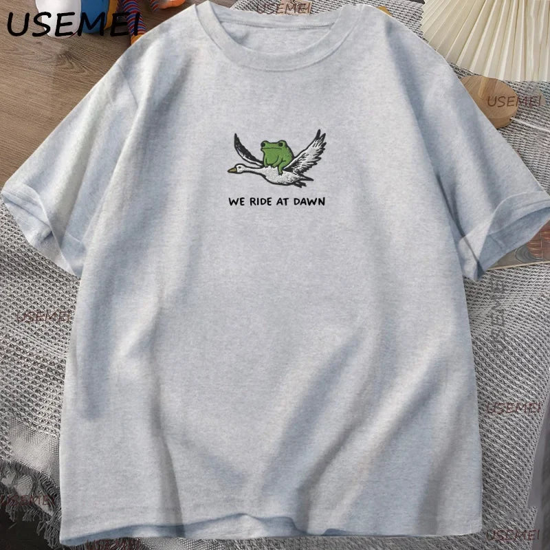 We Ride At Dawn T-Shirt Funny Frog and Goose Tee Casual Cotton Short Sleeve Round Neck Tshirt Streetwear Male Clothing Y2k