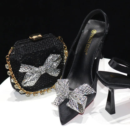 Italian Design Elegant Fuchsia Bow Rhinestone Pumps with Pointed Toe for Women 2024 Party Shoes and Bags Matching Set