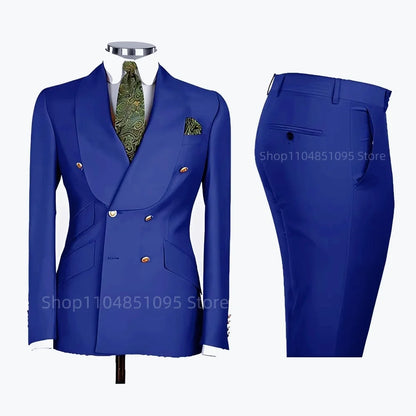 2 PCS Men's Smart Casual Solid Formal Tuxedo Suits with Shawl Lapel Double Breasted Jacket And Pants for Business And Wedding