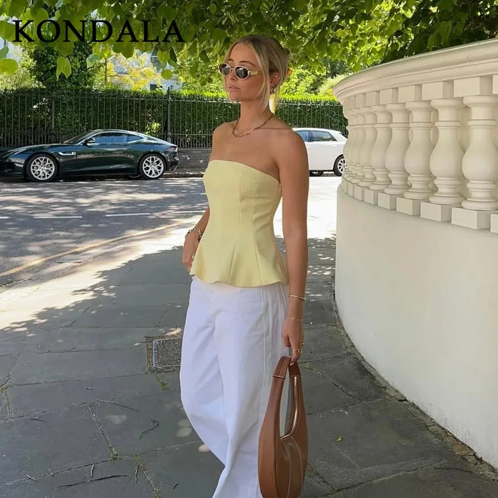 2026 Spring Summer Butter Yellow Sexy Women Tops Fashion Solid Strapless Short Tops Chic Streetwear Ladies Tops