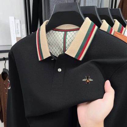 High end men's long sleeved polo shirt autumn fashion brand bee embroidery new business and casual color blocked lapel T-shirt