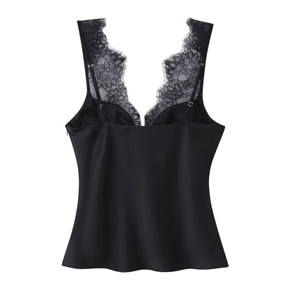 European and American style 25 winter new lace detail decoration heart-shaped neckline fine shoulder strap silk texture top