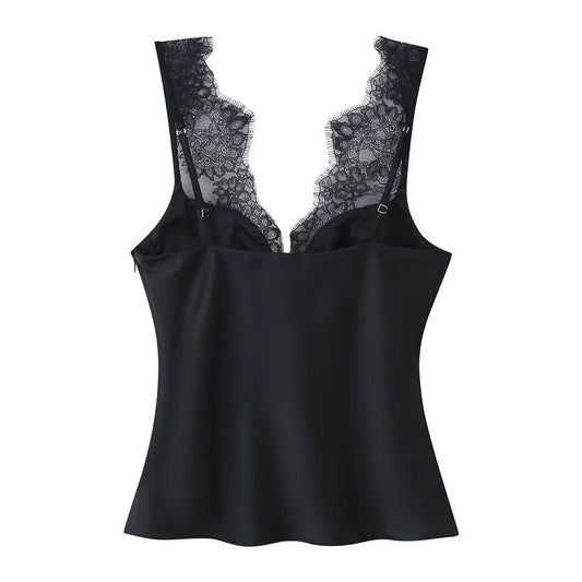 European and American style 25 winter new lace detail decoration heart-shaped neckline fine shoulder strap silk texture top