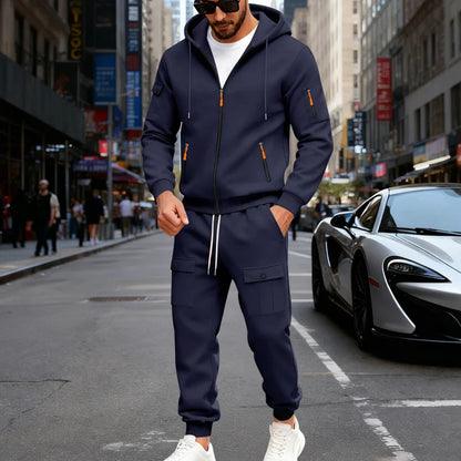 Autumn and winter men's velvet loose casual tooling outdoor sports fashion hooded sweater set