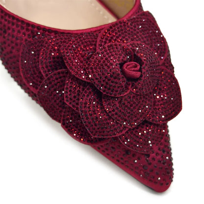 Evening Shoes and Bags Set with Full Diamond Handmade Petal Clutches Pointed Toe Peach Color Mid-Heel Women Shoes