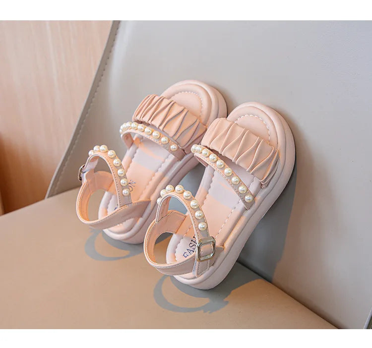 Girls Sandals Kids Summer Shoes Children's Beach Sandals with Pearls Princess Sweet Anti-slippery Open Toes Lace Chic Beading