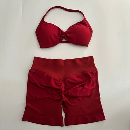 Yoga Gym Set Women Seamless Strappy Yoga Bra Top High Waist Workout Scrunch Shorts Sports Set Fitness Clothes Sportswear