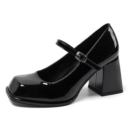 Mary Janes Vintage Black Sandals Woman Buckle Casual Medium Heels Office Ladies Solid Elegant Heels Korean 2024 Summer