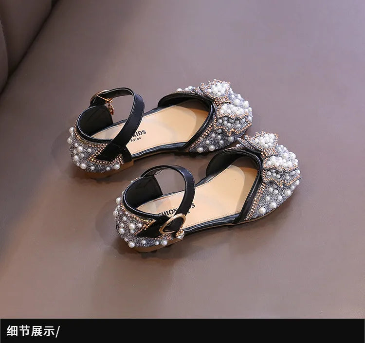 2025 New Summer Style Fashionable Comfortable Casual and Elegant Flat Bow Toe-toe Beaded Wear-resistant Girls' Leather Shoes