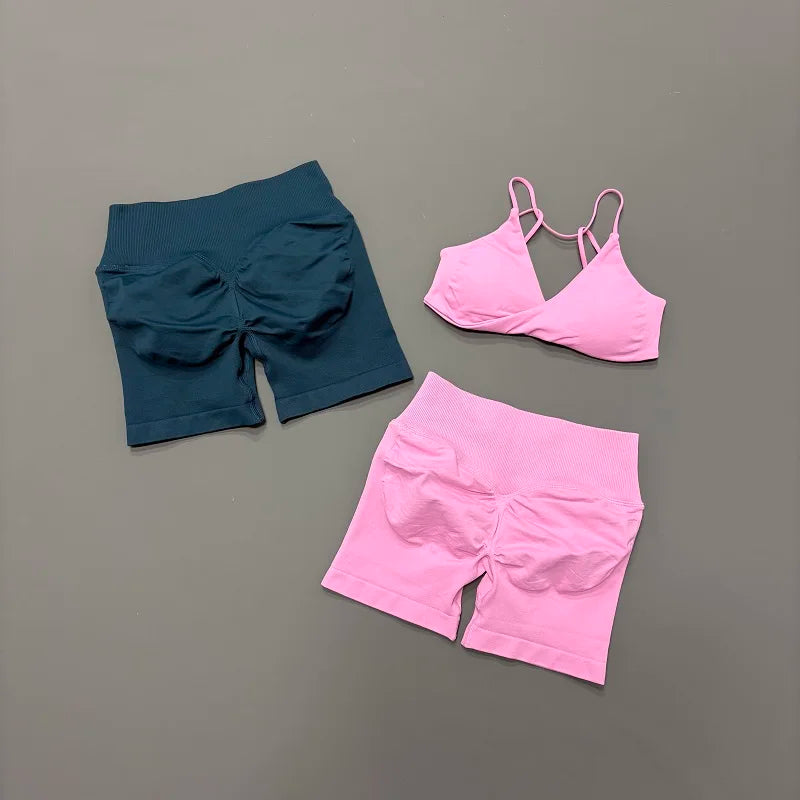 Women 2 Piece Gym Set Seamless Yoga Sports Bra V Neck Twist Front Tummy Control Butt Lifting Shorts Fitness Running Workout Set