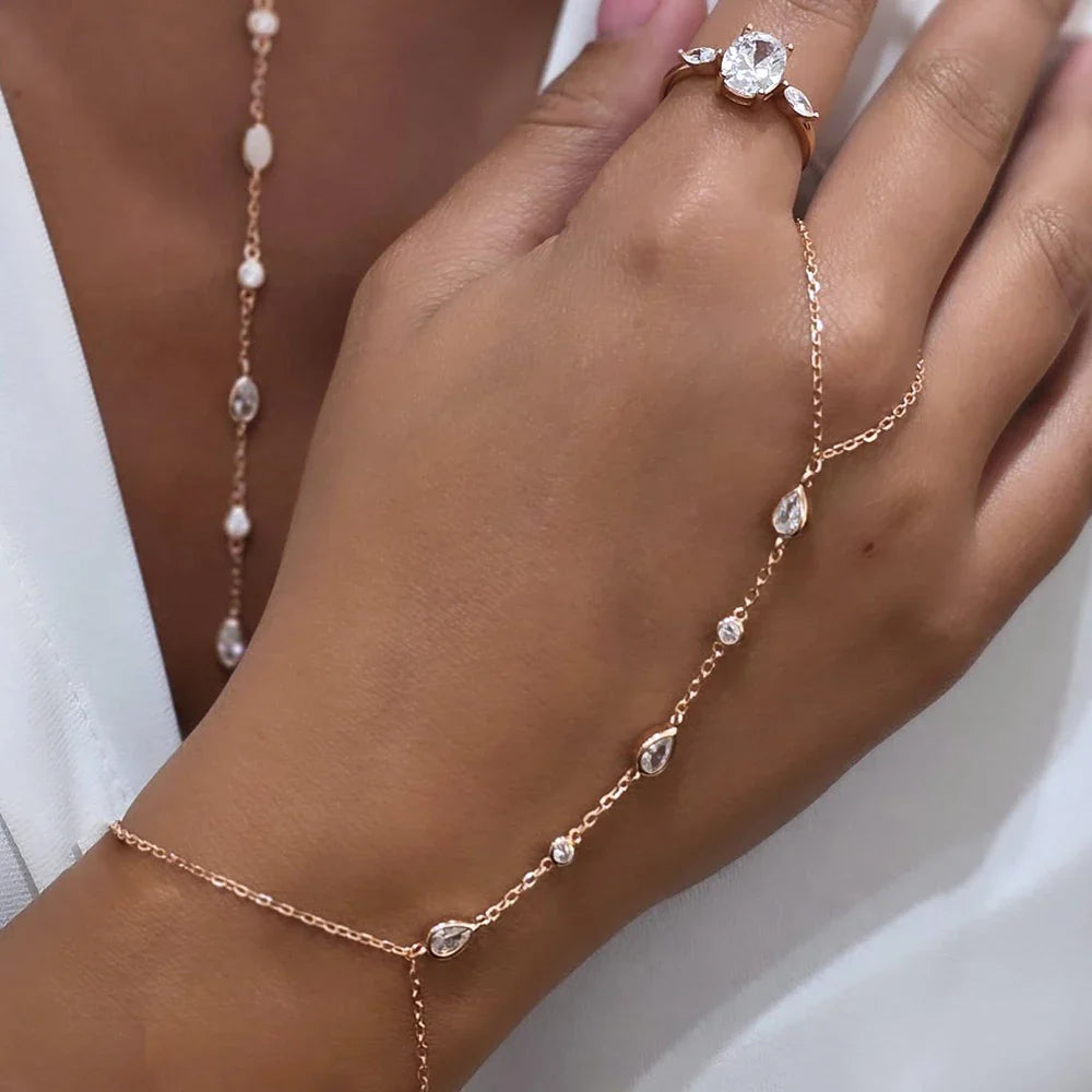 Round/Waterdrop Moissanite Diamond Ring Bracelets for Women 925 Sterling Silver Layering Finger Wrist Chain Adjustable
