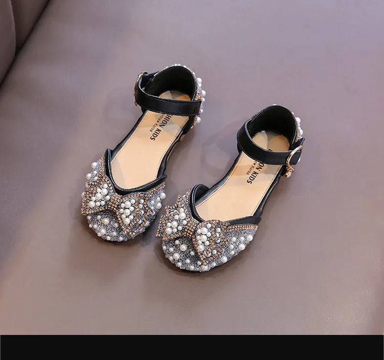 2025 New Summer Style Fashionable Comfortable Casual and Elegant Flat Bow Toe-toe Beaded Wear-resistant Girls' Leather Shoes