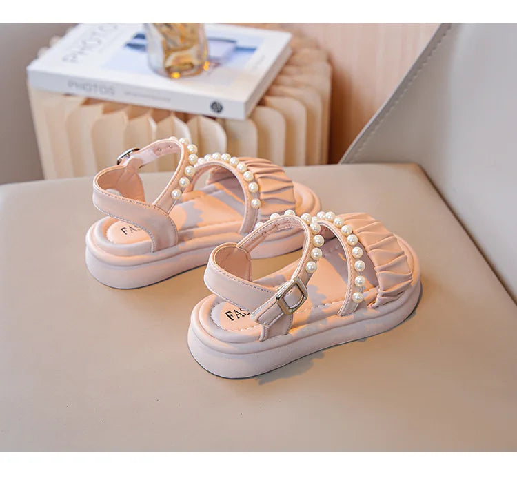 Girls Sandals Kids Summer Shoes Children's Beach Sandals with Pearls Princess Sweet Anti-slippery Open Toes Lace Chic Beading