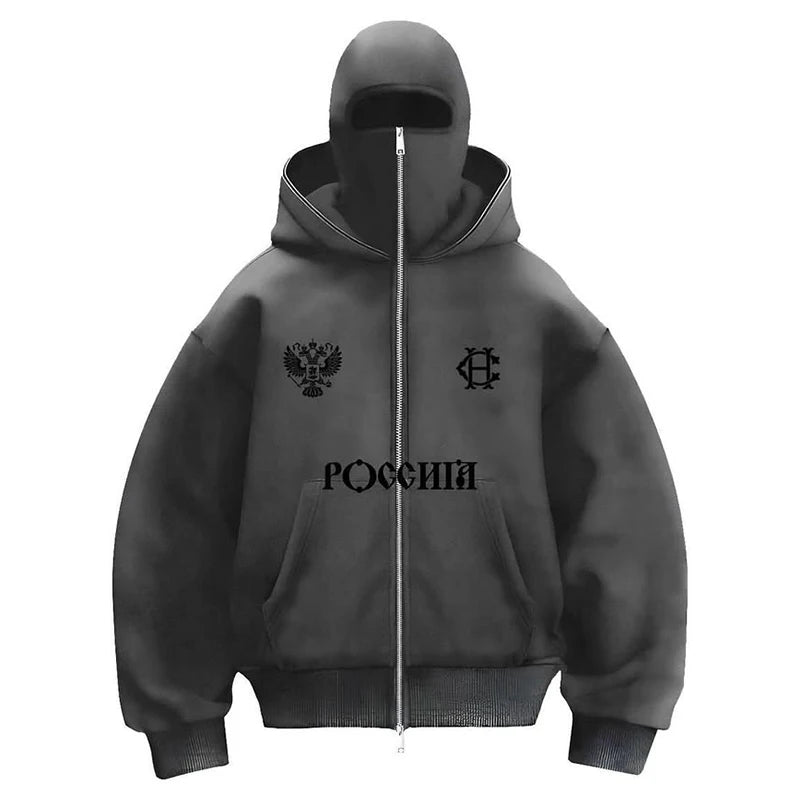 Men's Winter Letter Zipper Hoodies Chic Face Mask Design Warm Hooded Sweatshirts Casual Vintage Sports Jacket Outdoor Activities