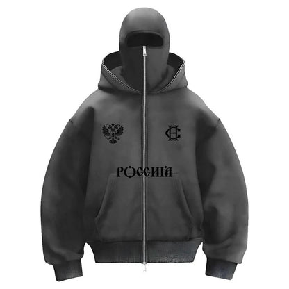 Men's Winter Letter Zipper Hoodies Chic Face Mask Design Warm Hooded Sweatshirts Casual Vintage Sports Jacket Outdoor Activities