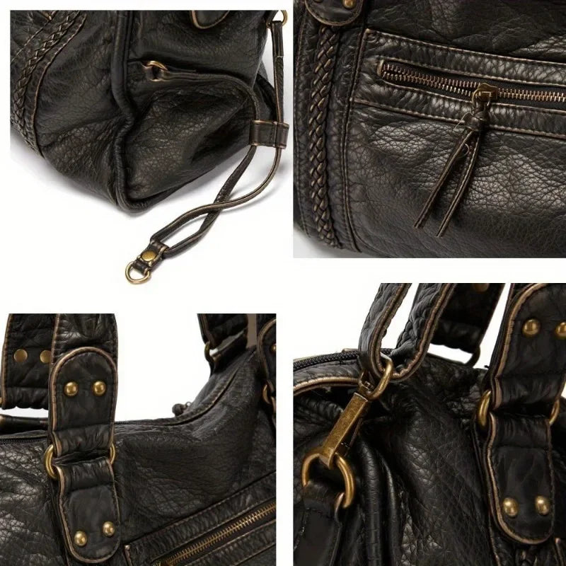 Soft leather retro bag shoulder messenger bag large capacity tote bag Y2K motorcycle bag