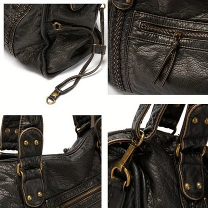 Soft leather retro bag shoulder messenger bag large capacity tote bag Y2K motorcycle bag