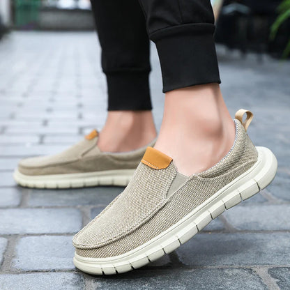 Sapatilhas casuais masculinas de lona estilo britânico, para uso externo, mocassins, moda slip-on, sapatilhas macias e simples, confortáveis, feitas à mão, sapatos de barco para dirigir, sapatos de grife