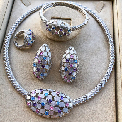 Luxury FLower Floral 4PCS DUBAI Jewelry Sets For Women Wedding Cubic Zircon Crystal CZ Indian African Bridal Jewelry Sets