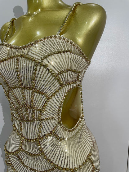 Women Hot Sale Sleeveless Sexy Strap Pearl Beading Sequins Bodycon Long Dress Celebrate Evening Party Birthday Outfit Vestido