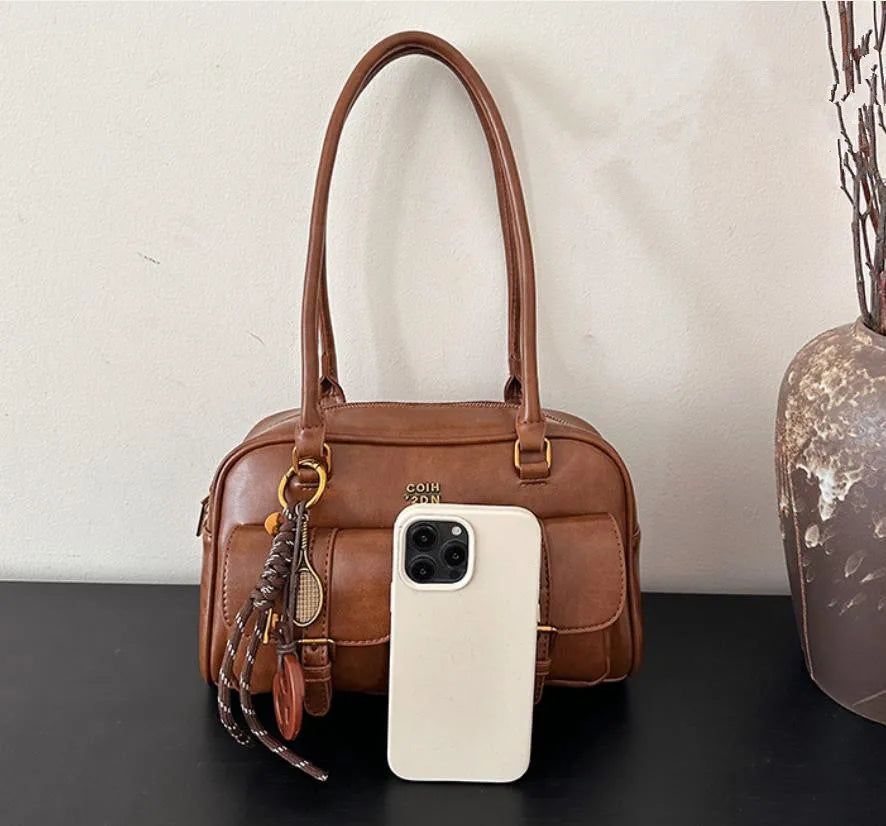 Women's Coffee Brown Multi-Pocket Handbag Shoulder Bag, Stylish Versatile Letter Crossbody Purse for Travel Work Shopping Dates