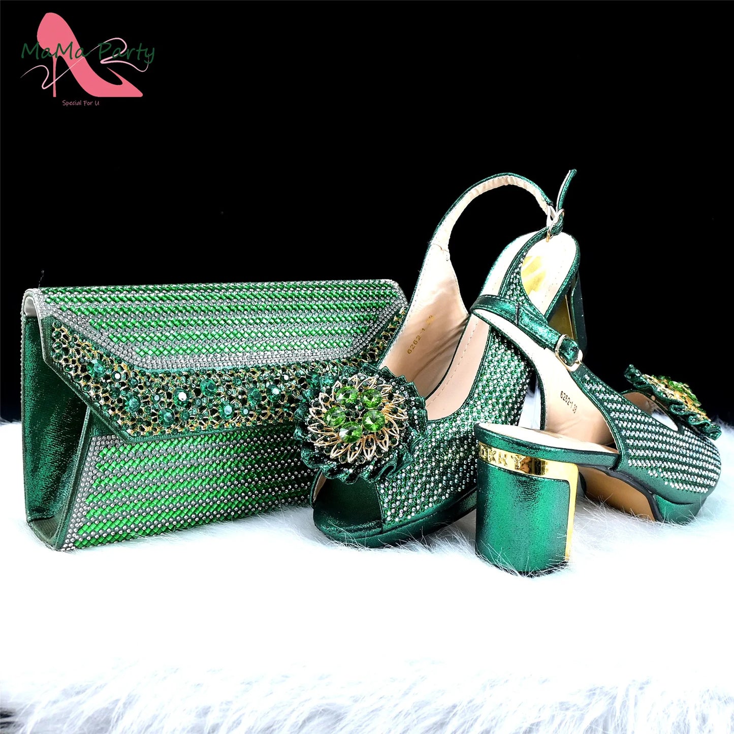 Italian Women Shoes Matching Bag Set in Green Color 7 CM Comfortable Heels with Plaform Elegant Peep Toe Sandals
