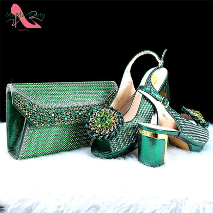 Italian Women Shoes Matching Bag Set in Green Color 7 CM Comfortable Heels with Plaform Elegant Peep Toe Sandals