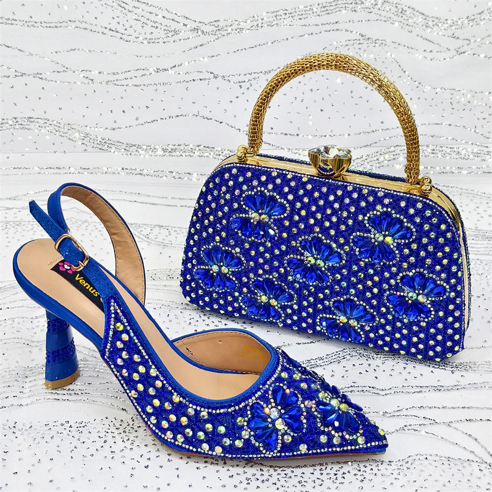 Conjunto de Sapatos de Festa Roxo de Salto Alto e Bolsa de Strass Feminino - Estilo de Casamento Design Italiano