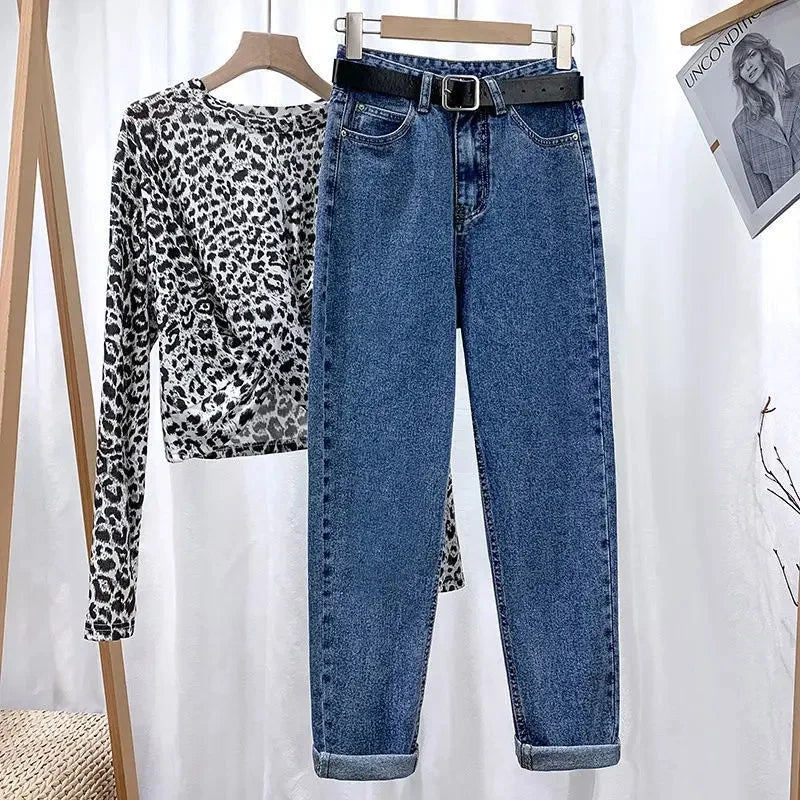 Autumn Collection High-Waisted Slimming Straight-Leg Denim Jeans Women's Loose-Fit Korean Style Ninemoth Half Pants