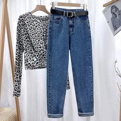 Autumn Collection High-Waisted Slimming Straight-Leg Denim Jeans Women's Loose-Fit Korean Style Ninemoth Half Pants