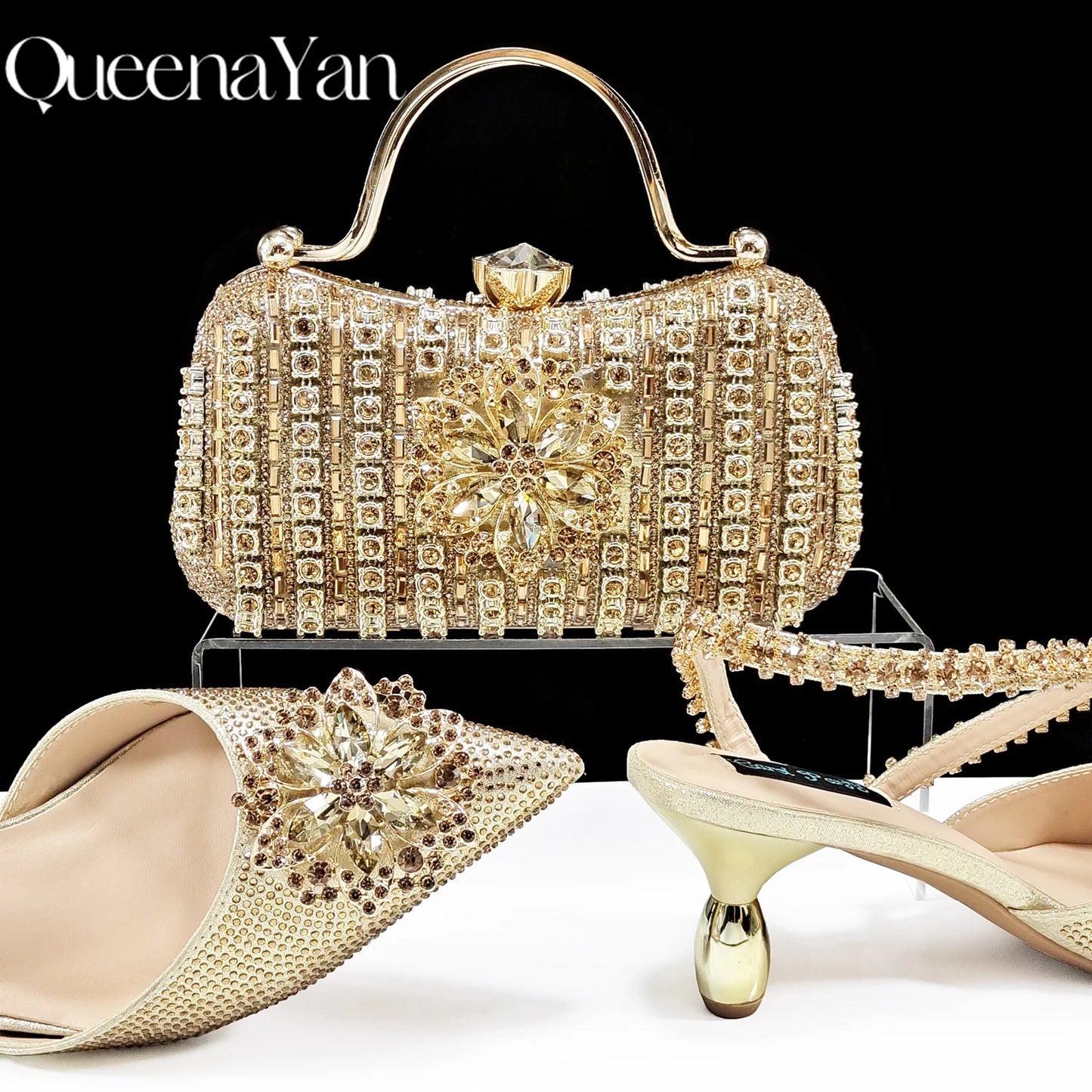 Party Perfection: Rhinestone-Embellished Heels and Gold Mini Bag for Elegant Nights