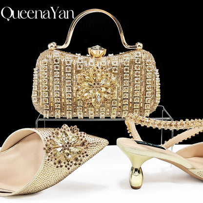 Party Perfection: Rhinestone-Embellished Heels and Gold Mini Bag for Elegant Nights