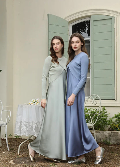 spring summer elegance satin dress + knitted top match set maxi floor length woman clothes