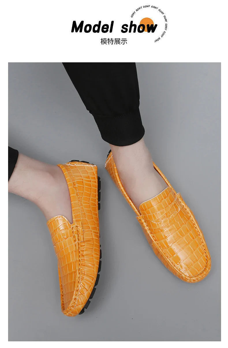 Patent Leather Loafers for Men, Crocodile Pattern, Korean Style, Trendy, Popular Casual Leather Shoes, Slip-On Loafers, Lazy Shoes