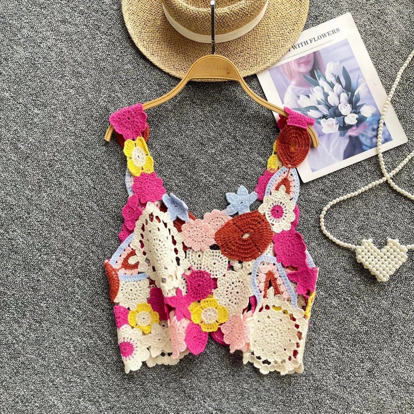 Multicolor Floral Crochet Crop Top Women's Cami Tank Sleeveless Open-work Vest Boho Chic Summer Festival Outfit
