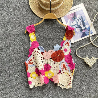 Multicolor Floral Crochet Crop Top Women's Cami Tank Sleeveless Open-work Vest Boho Chic Summer Festival Outfit