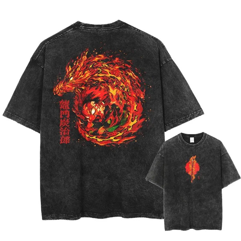 2025 Summer Men's Washes T-shirts Japanese Anime Demon Slayer Kyoujurou Graphic Clothing Harajuku Y2K Oversized Pure Cotton Tops